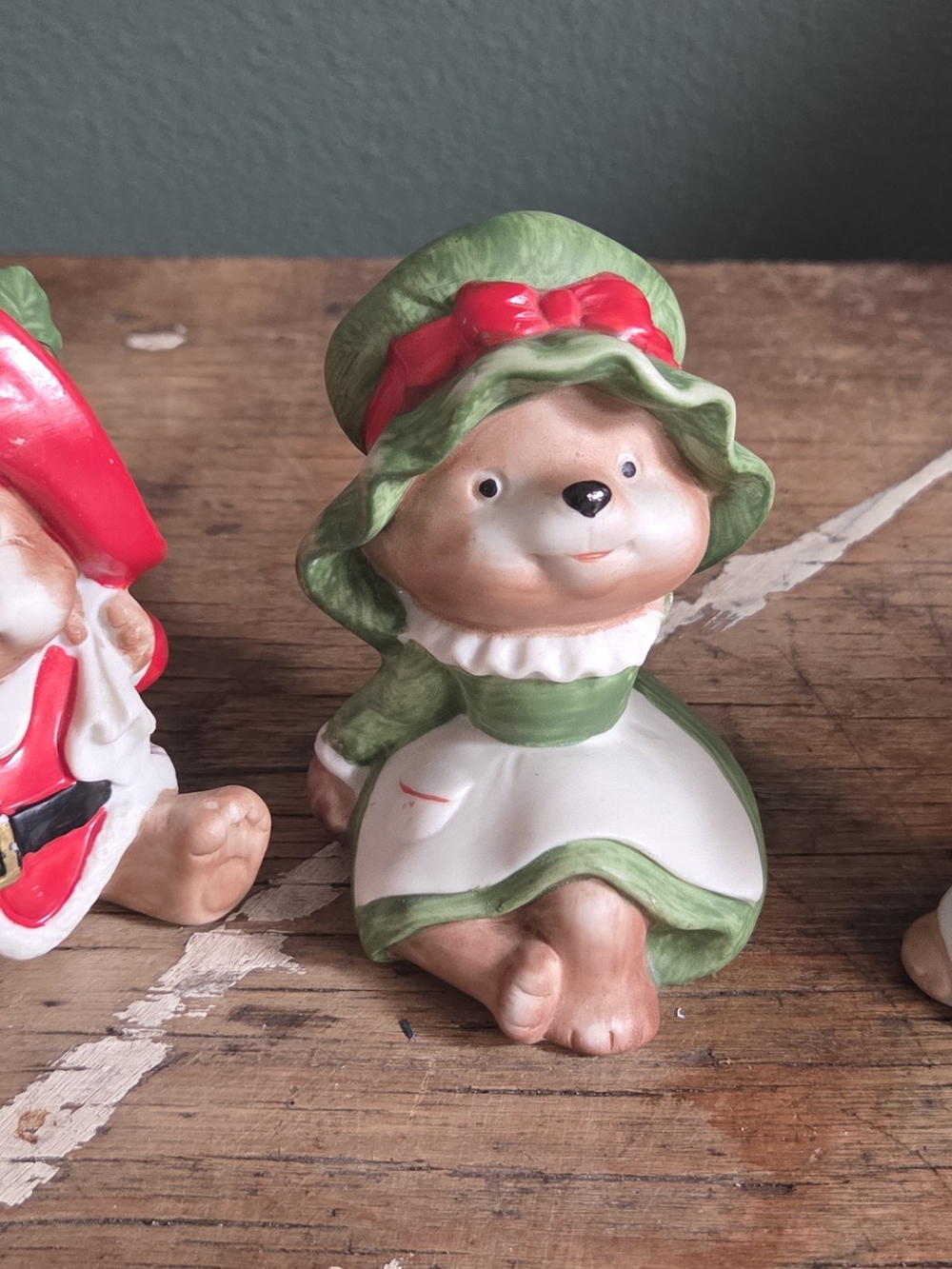 Green and White Ceramic Bear Figurine Home Accent
